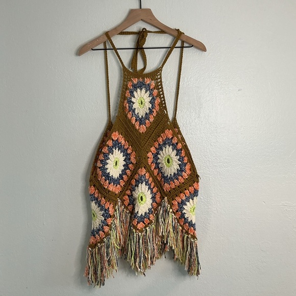 Free People Summer of Love crochet halter top with fringe size M/L - Picture 3 of 8